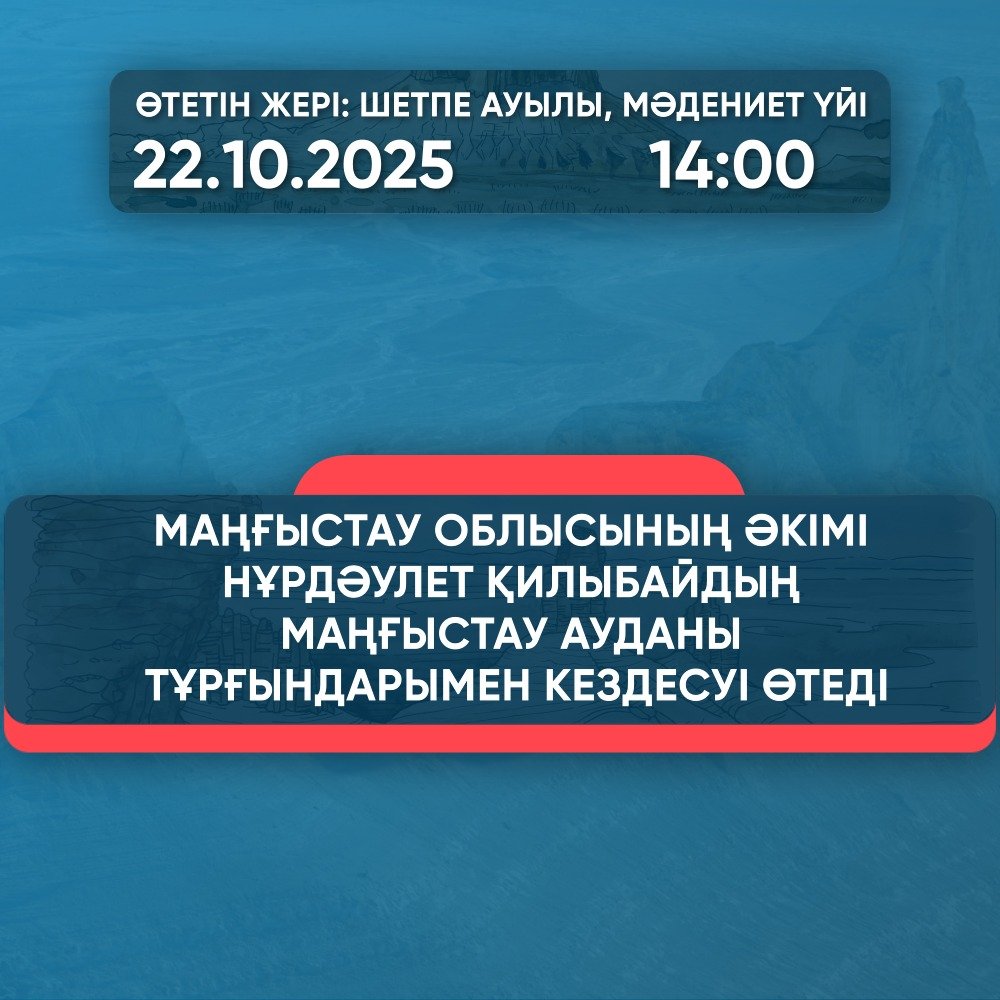 Маңғыстау облысының әкімі Нұрдәулет Қилыбайдың Маңғыстау ауданы тұрғындарымен кездесуі өтеді
