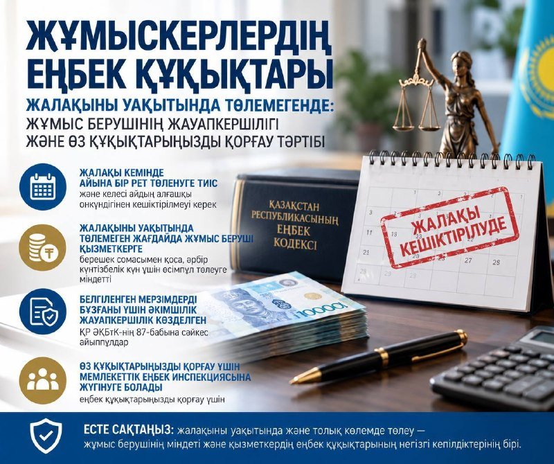 Жалақы кешіктірілген жағдайда жұмыскерлердің еңбек құқықтары: жұмыс берушінің жауапкершілігі және өз құқықтарын қорғау тәртібі