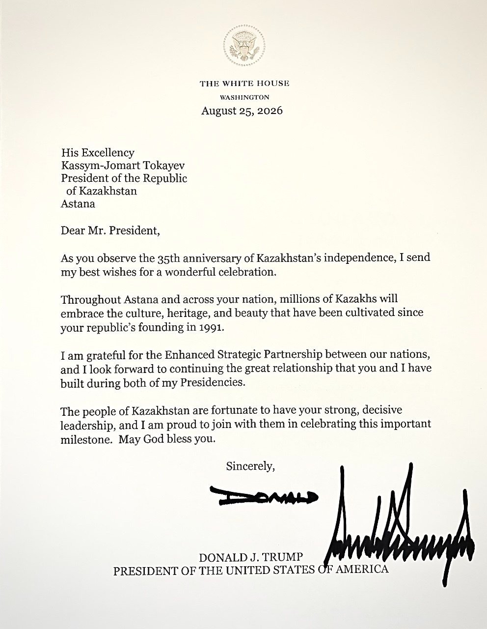 АҚШ Президенті Дональд Трамптың Қазақстан Тәуелсіздігінің 35 жылдығы қарсаңындағы құттықтауы