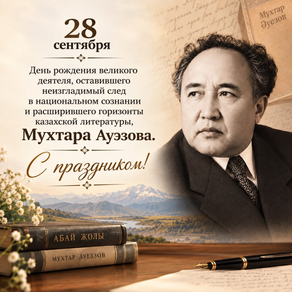 28 ҚЫРКҮЙЕК – ҚАЗАҚТЫҢ ҰЛЫ ЖАЗУШЫСЫ, ҒАЛЫМ, ҚОҒАМ ҚАЙРАТКЕРІ, ҚАЗАҚСТАН ҒЫЛЫМ АКАДЕМИЯСЫНЫҢ ТҰҢҒЫШ АКАДЕМИГІ МҰХТАР ОМАРХАНҰЛЫ ӘУЕЗОВТІҢ ТУҒАН КҮНІ.