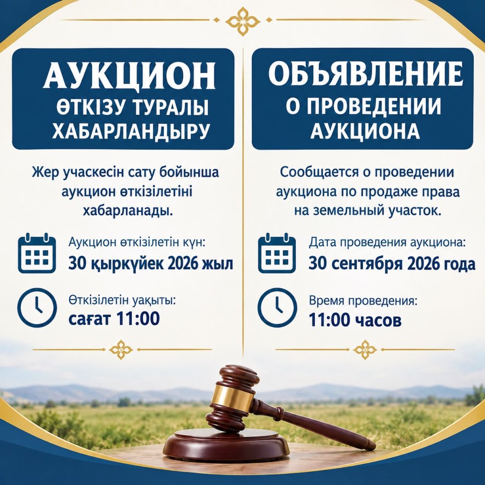 Жер учаскесін немесе жер учаскесін жалдау құқығын сату бойынша сауда-саттық (аукцион) өткізу туралы хабарландыру.