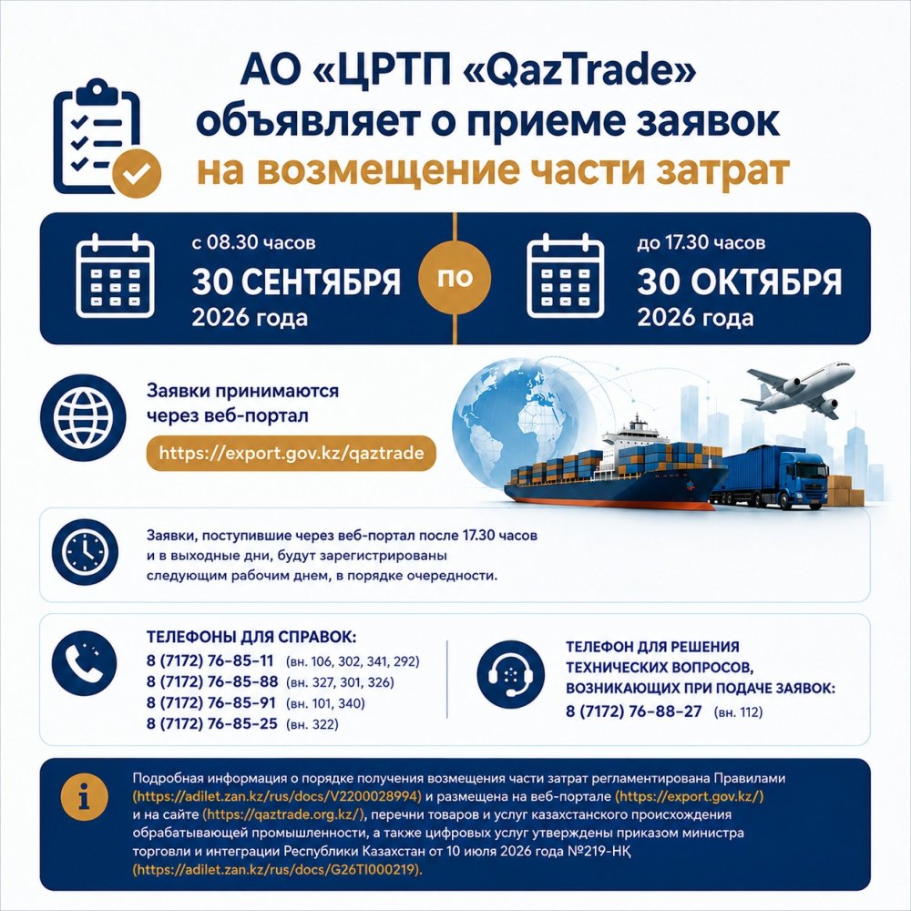«QazTrade» сауда саясатын дамыту орталығы» АҚ экспорттаушылар шығындарының бір бөлігін өтеуге қосымша өтінімдер қабылдау туралы хабарлайды