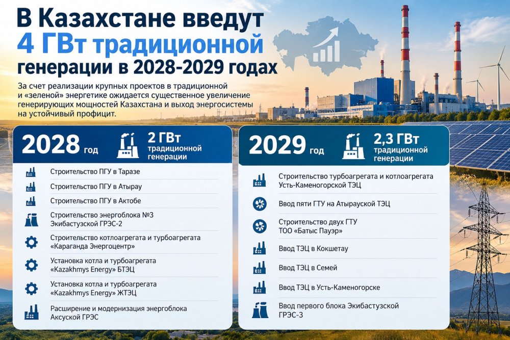 Қазақстанда 2028–2029 жылдары 4 ГВт дәстүрлі генерация енгізіледі