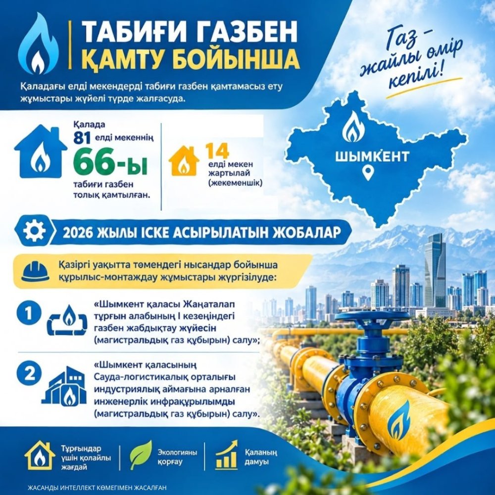 ШЫМКЕНТТЕ ТАБИҒИ ГАЗБЕН ҚАМТУ ЖҰМЫСТАРЫ ЖАЛҒАСУДА