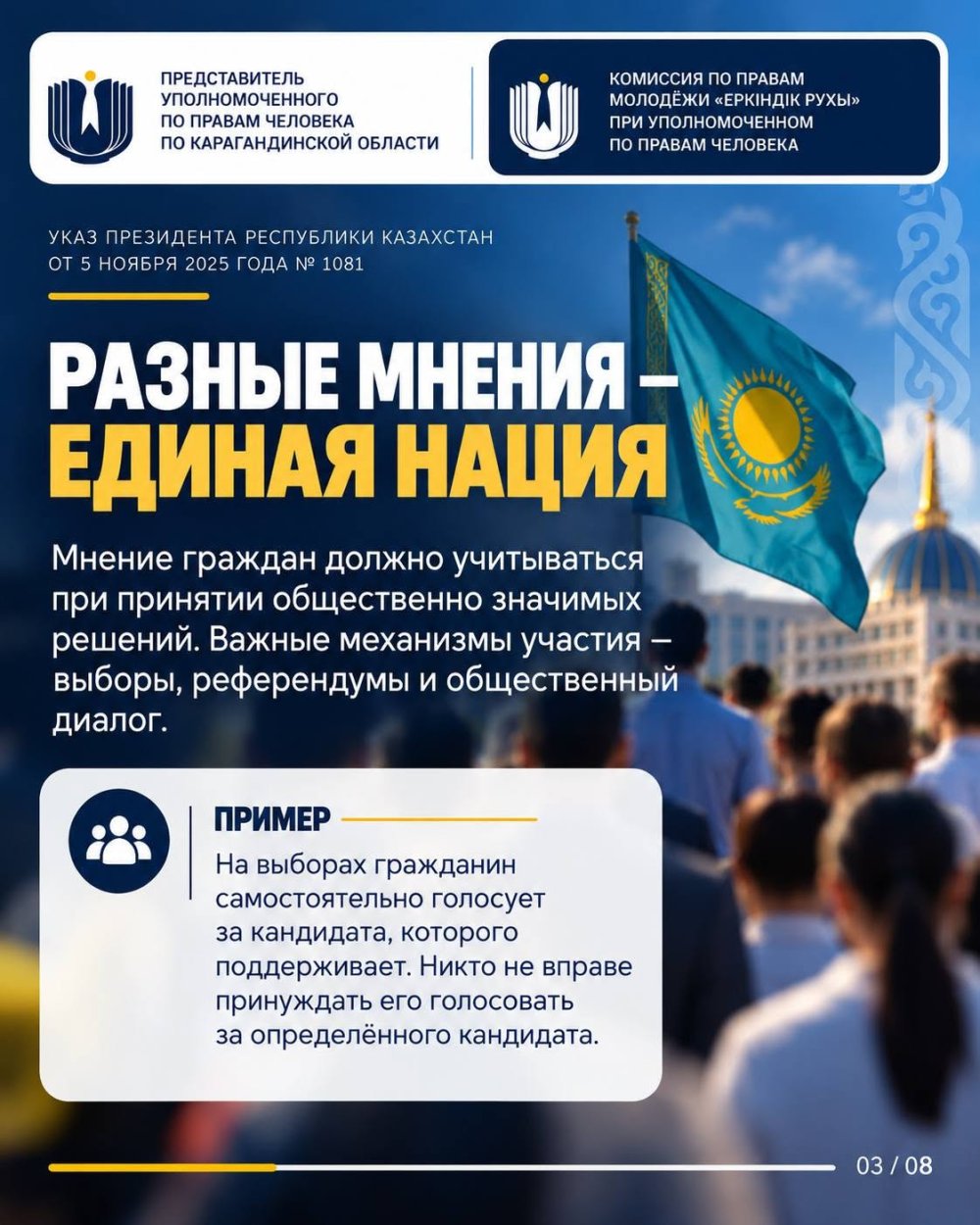 Қазақстан Республикасы Президентінің № 1081 Жарлығында адам құқықтарын қамтамасыз ету мен қорғауды қоса алғанда, ішкі саясаттың негізгі қағидаттары, құндылықтары мен бағыттары айқындалған — Фотосурет 7