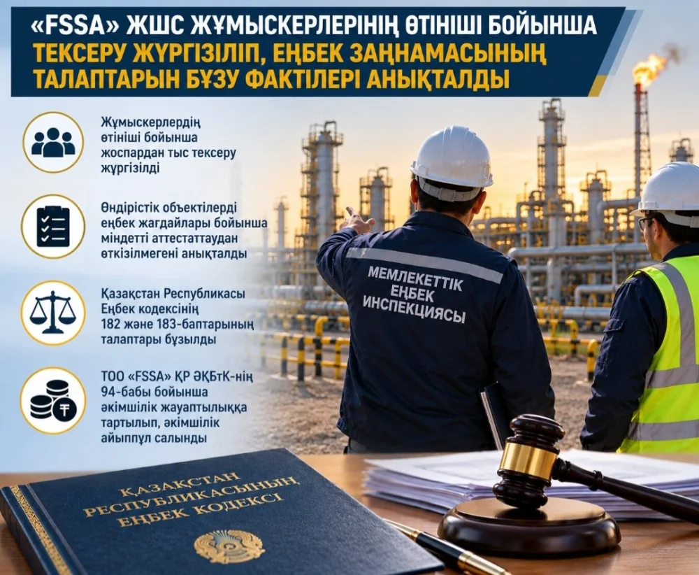 «FSSA» ЖШС жұмыскерлерінің өтініші бойынша тексеру жүргізіліп, еңбек заңнамасының талаптарын бұзу фактілері анықталды