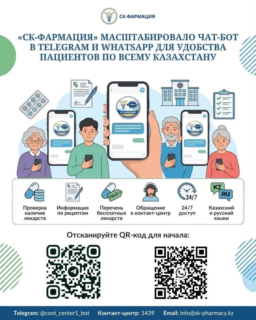 «СҚ-Фармация» бірыңғай дистрибьюторы тегін дәрілік заттармен қамтамасыз ету туралы апаратты жедел алуға көмектесетін чат-ботты іске қосты.