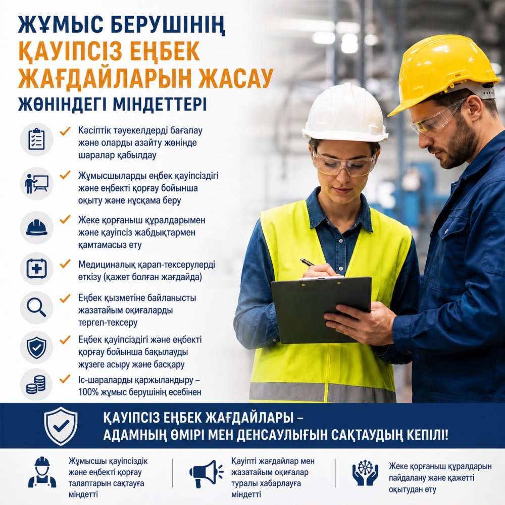 ЖҰМЫС БЕРУШІНІҢ ҚАУІПСІЗ ЕҢБЕК ЖАҒДАЙЛАРЫН ЖАСАУ ЖӨНІНДЕГІ МІНДЕТТЕРІ