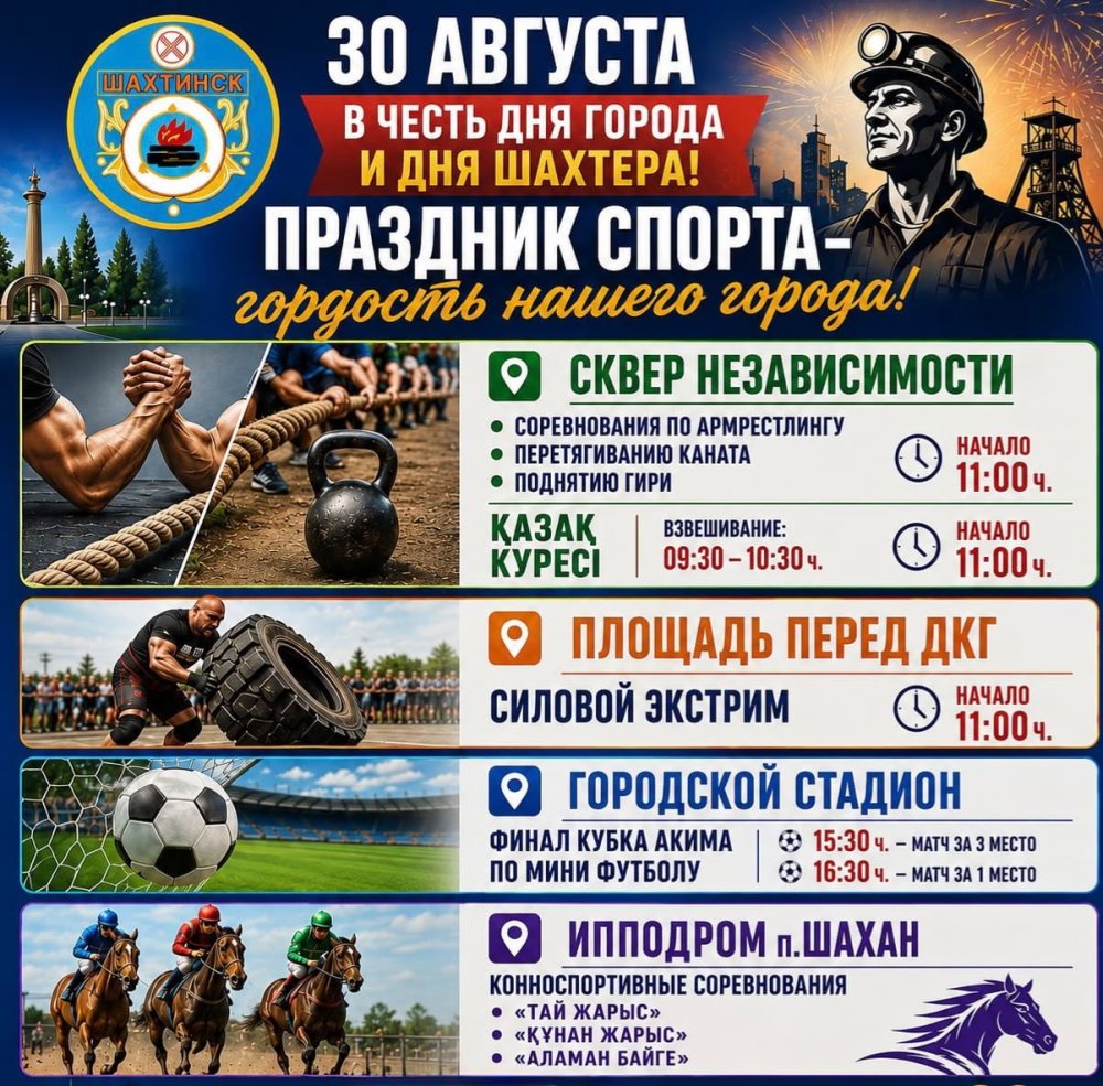 30 ТАМЫЗ — ШАХТИНСК ҚАЛАСЫНЫҢ КҮНІ ЖӘНЕ КЕНШІЛЕР КҮНІНЕ АРНАЛҒАН МЕРЕКЕЛІК ІС-ШАРАЛАР
