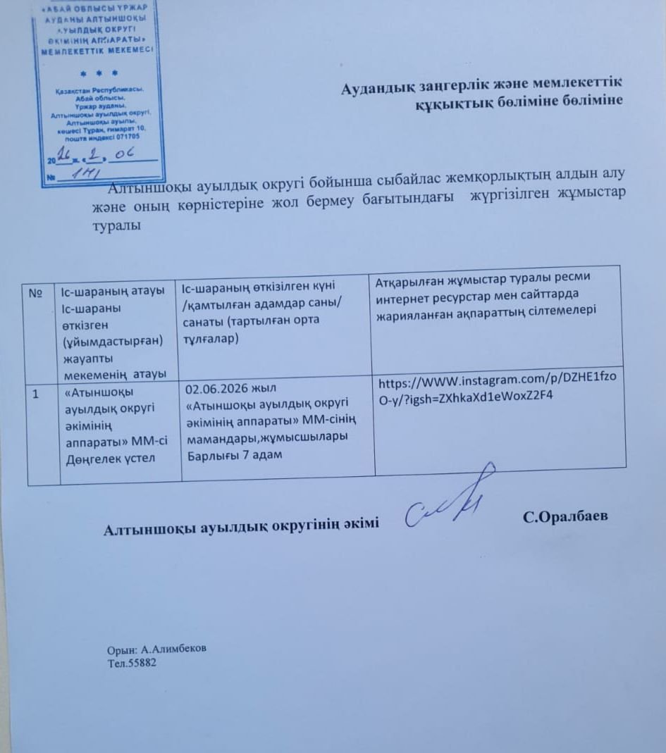 Алтыншоқы ауылдық округі бойынша сыбайлас жемқорлықтың алдын алу