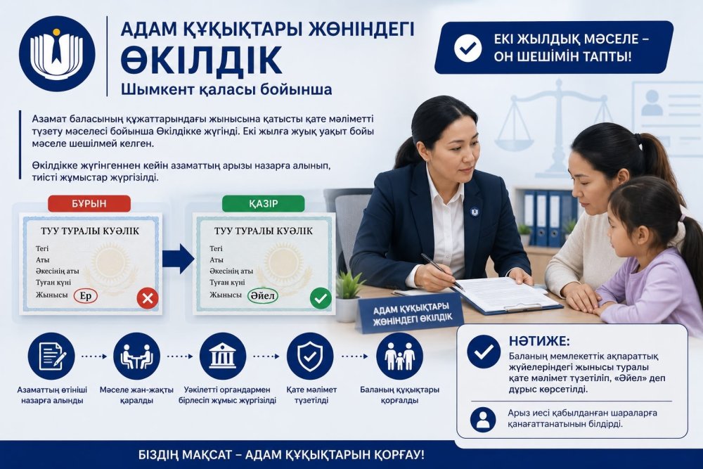 Адам құқықтары жөніндегі ұлттық орталықтың Шымкент қаласы бойынша өкілдігіне азамат баласының құжаттарындағы жынысына қатысты қате мәліметті түзету мәселесі бойынша жүгінді.
