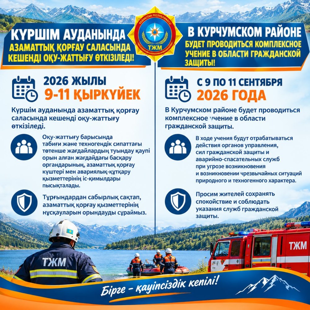 Күршім ауданында 2026 жылғы 9-11 қыркүйек аралығында Азаматтық қорғау саласында кешенді оқу-жаттығу өткізіледі.