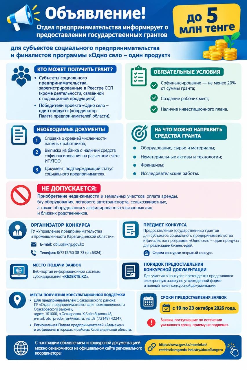 📢 Уважаемые предприниматели! Отдел предпринимательства информирует о предоставлении государственных грантов до 5 млн тенге