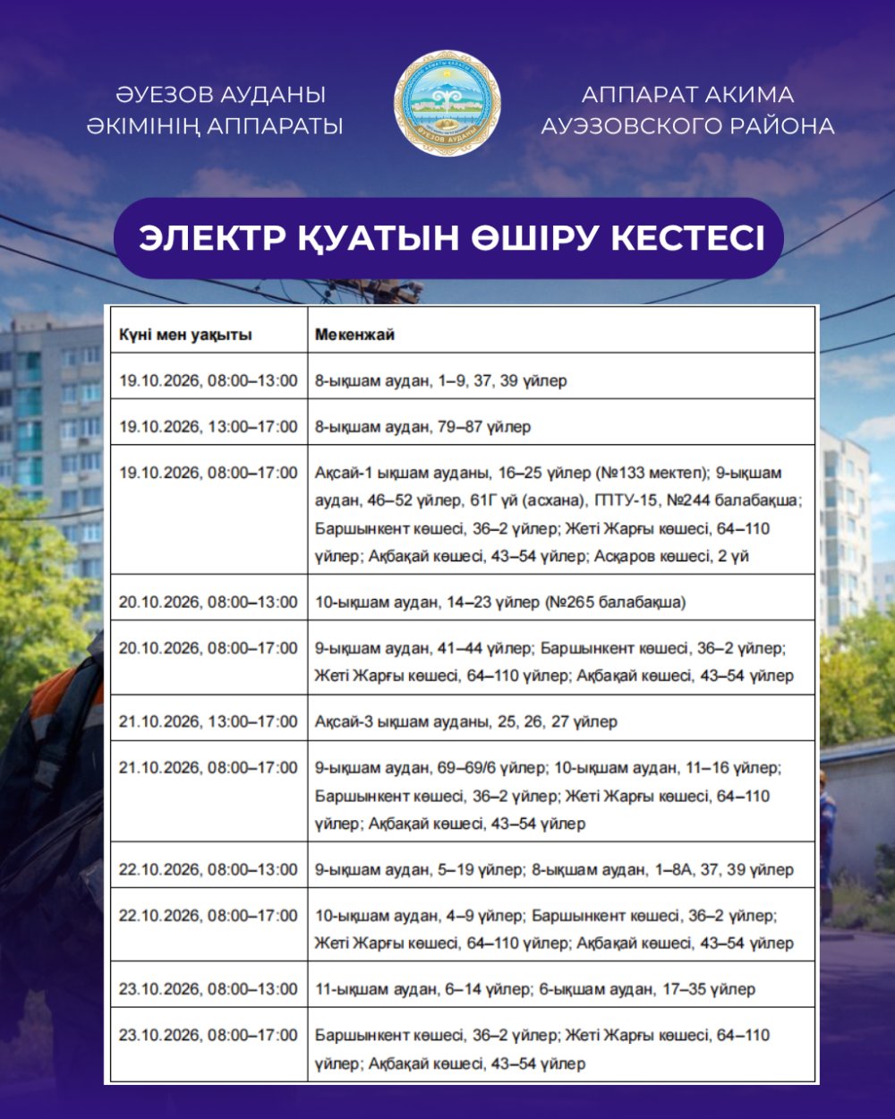 В Ауэзовском районе опубликован график плановых отключений электроэнергии с 19 по 23 октября — Фото 2