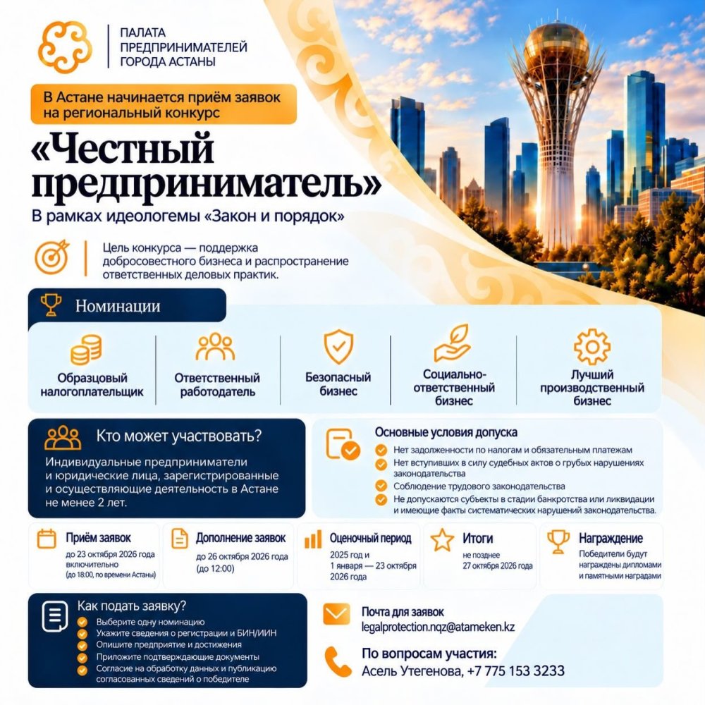 В Астане стартовал прием заявок на конкурс «Честный предприниматель»