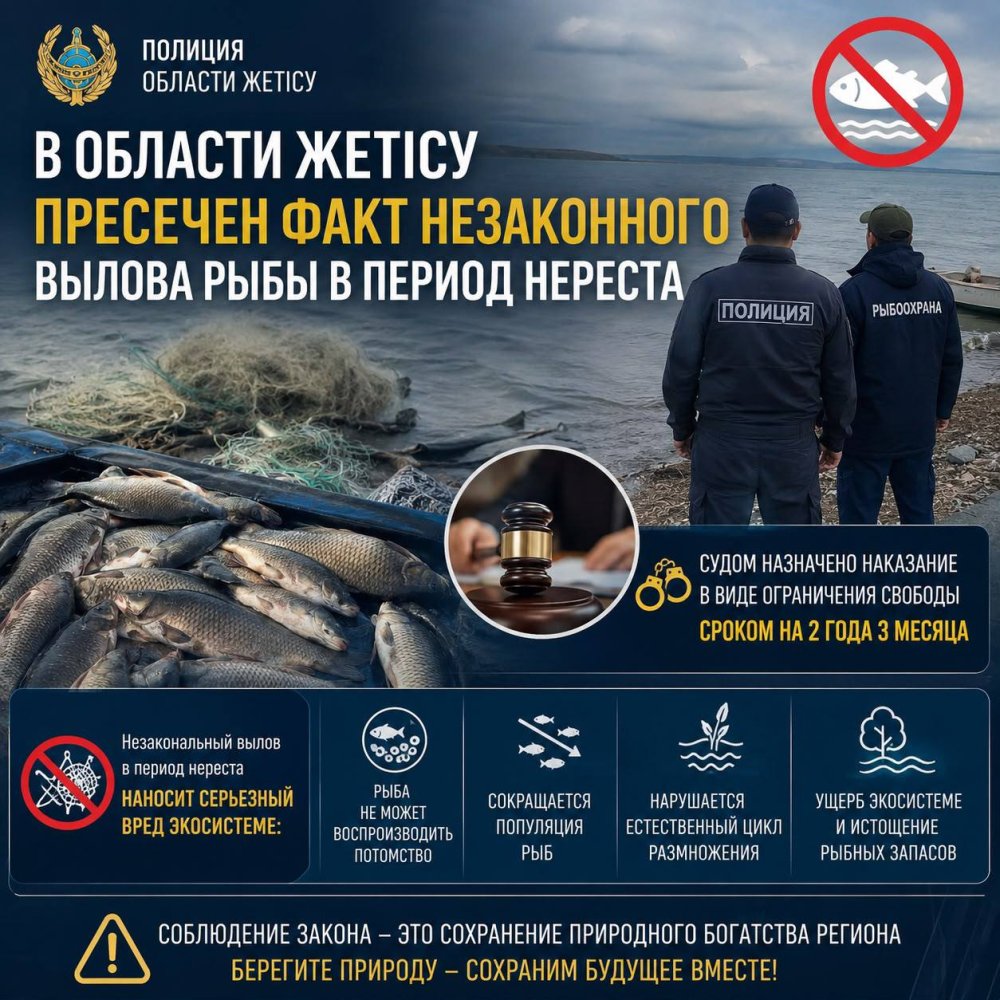 В области Жетісу пресечен факт незаконного вылова рыбы в период нереста