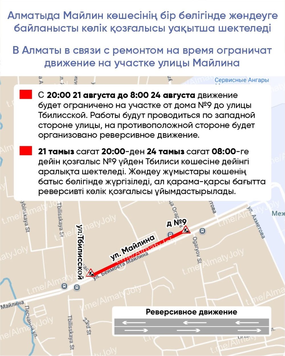 В Алматы в связи с ремонтом на время ограничат движение на участке улицы Майлина