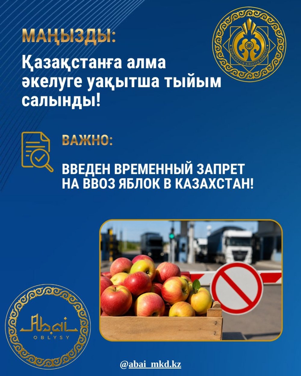 Введен временный запрет на ввоз яблок в Казахстан!